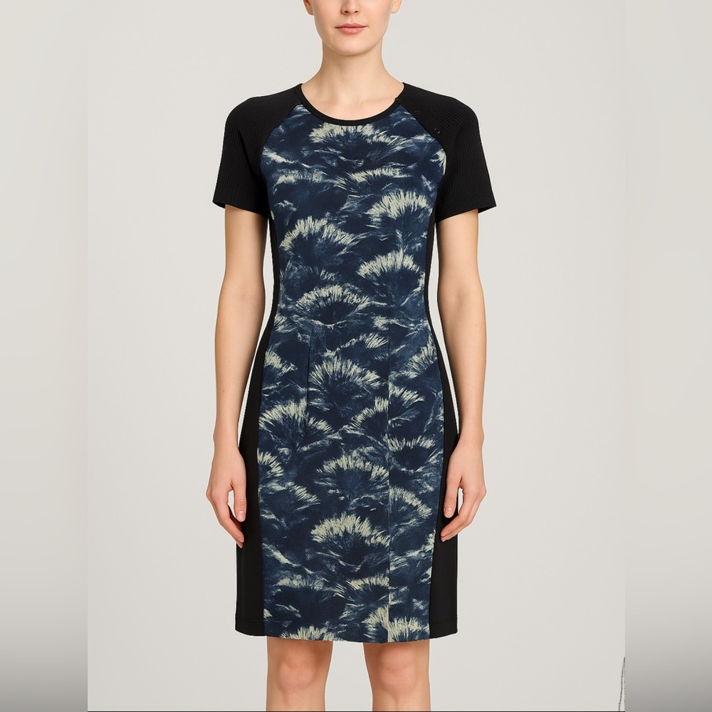 Sportmax Abstract Floral Panel Dress Black Blue Short Sleeve Knit Cotton M